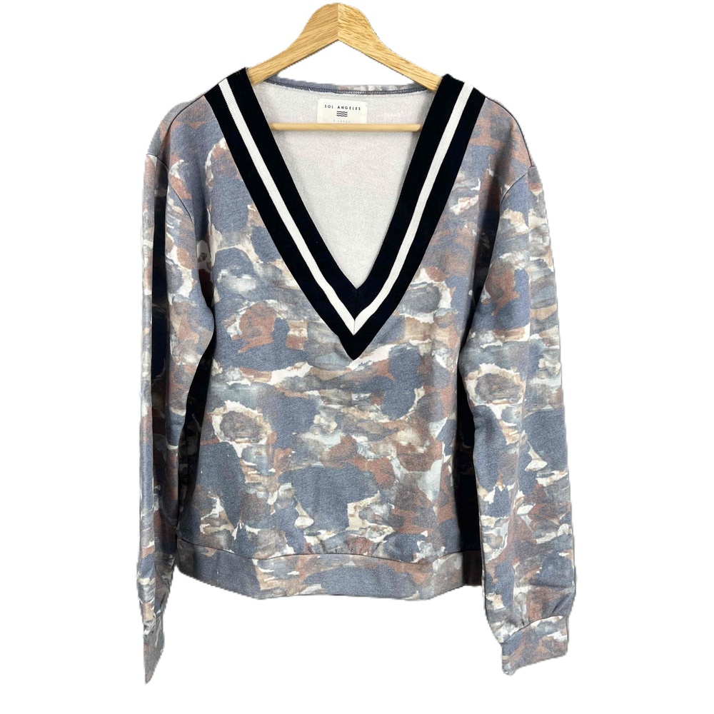 Sol Angeles Camo Long Sleeve V-Neck Pullover Sweatshirt Blue Brown Womens XL New